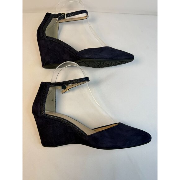 Cole Haan Grand Os Lara Womens Size 7.5 Navy Blue Wedges Ankle Strap Suede Pump - Picture 7 of 12